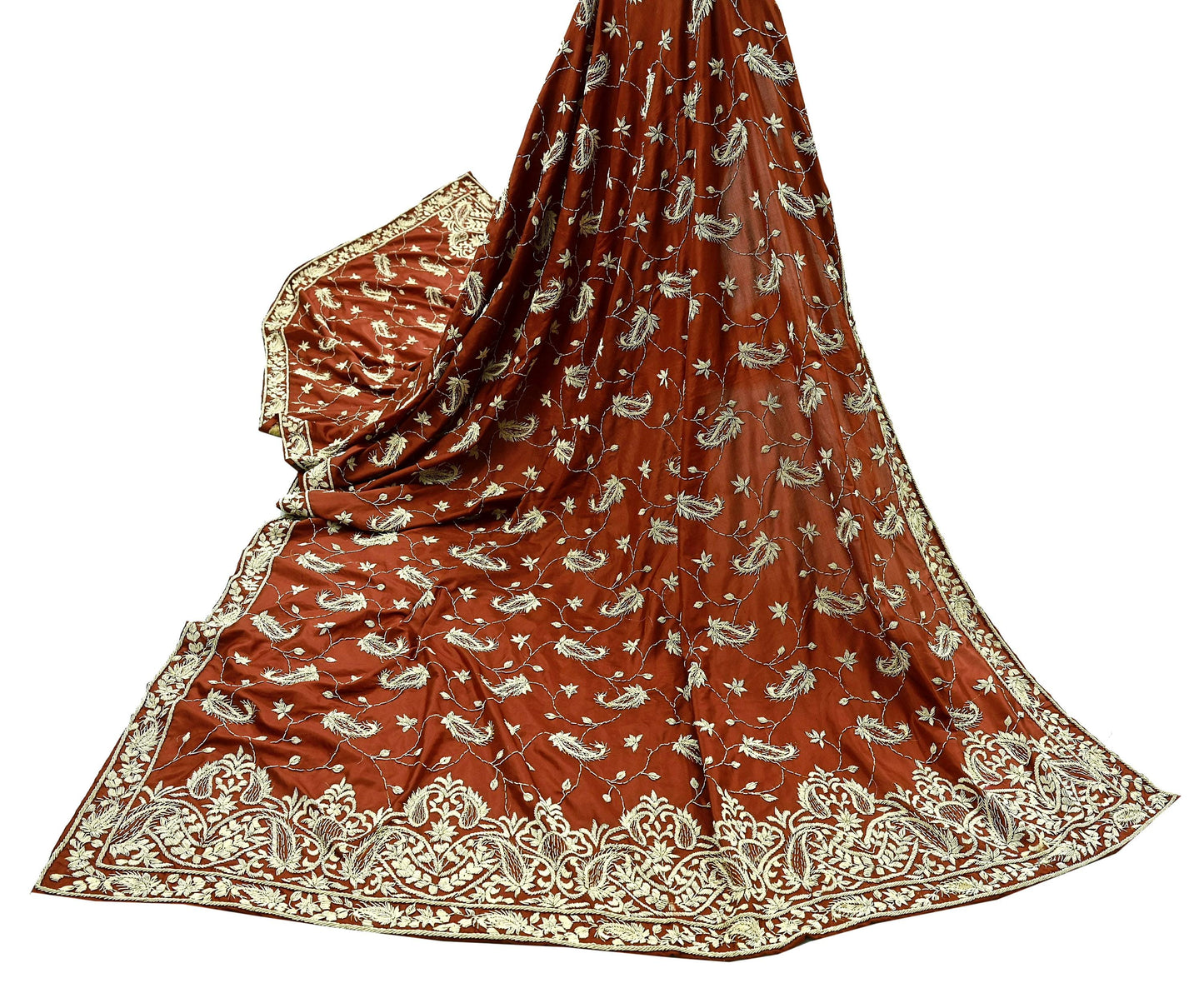 Indian Vintage Heavy Wedding Rusty Orange Dupatta Pure Satin Silk Long Stole Hand Embroidered Scarves Golden Zardozi Stole