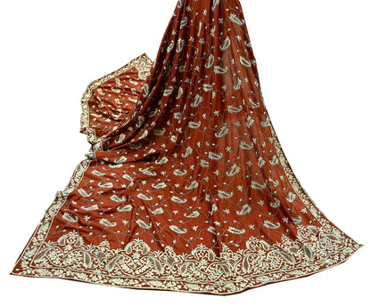 Indian Vintage Heavy Wedding Rusty Orange Dupatta Pure Satin Silk Long Stole Hand Embroidered Scarves Golden Zardozi Stole