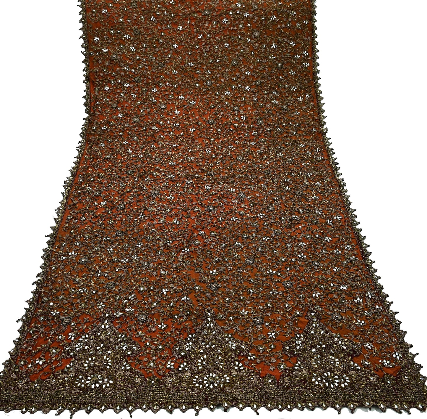 Indian Vintage Heavy Orange & maroon Dupatta Hand Embroidered Net Tissue Mesh Zardozi, Dabka, Zari, Sequins, Kundan Work Bridal Stole