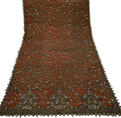 Indian Vintage Heavy Orange & maroon Dupatta Hand Embroidered Net Tissue Mesh Zardozi, Dabka, Zari, Sequins, Kundan Work Bridal Stole