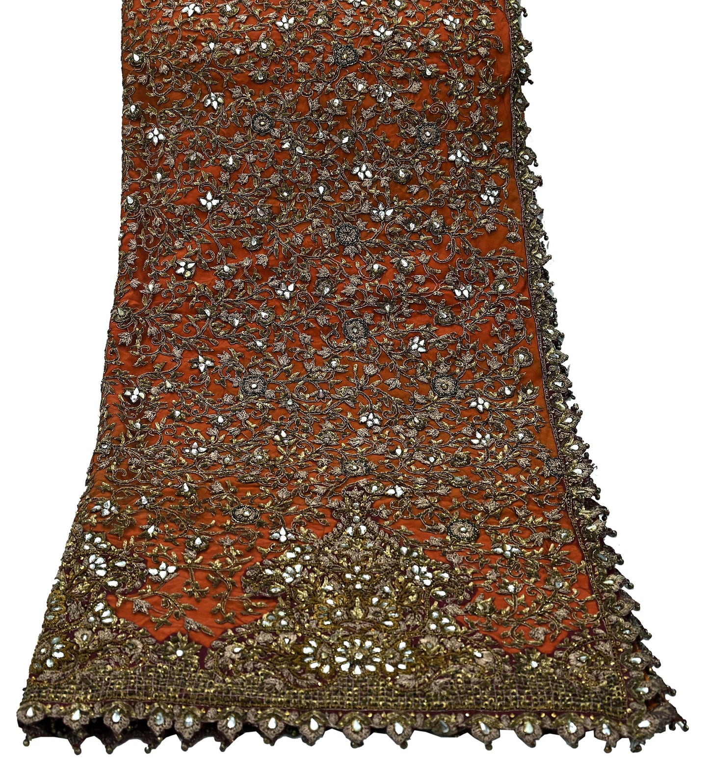 Indian Vintage Heavy Orange & maroon Dupatta Hand Embroidered Net Tissue Mesh Zardozi, Dabka, Zari, Sequins, Kundan Work Bridal Stole