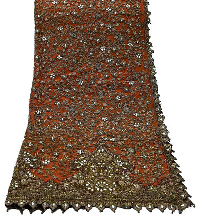 Indian Vintage Heavy Orange & maroon Dupatta Hand Embroidered Net Tissue Mesh Zardozi, Dabka, Zari, Sequins, Kundan Work Bridal Stole