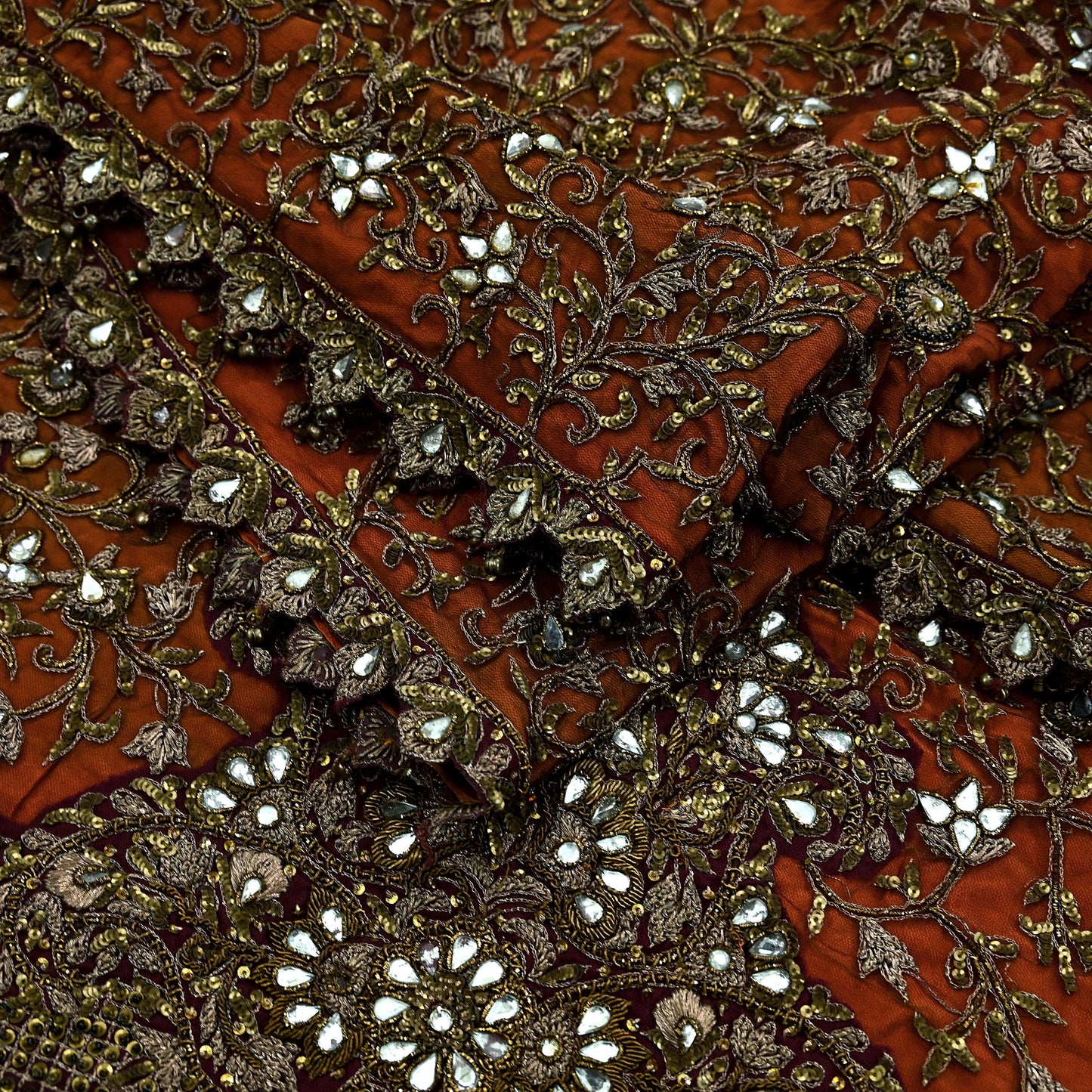 Indian Vintage Heavy Orange & maroon Dupatta Hand Embroidered Net Tissue Mesh Zardozi, Dabka, Zari, Sequins, Kundan Work Bridal Stole