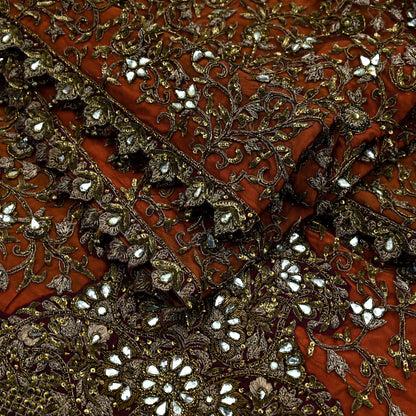 Indian Vintage Heavy Orange & maroon Dupatta Hand Embroidered Net Tissue Mesh Zardozi, Dabka, Zari, Sequins, Kundan Work Bridal Stole