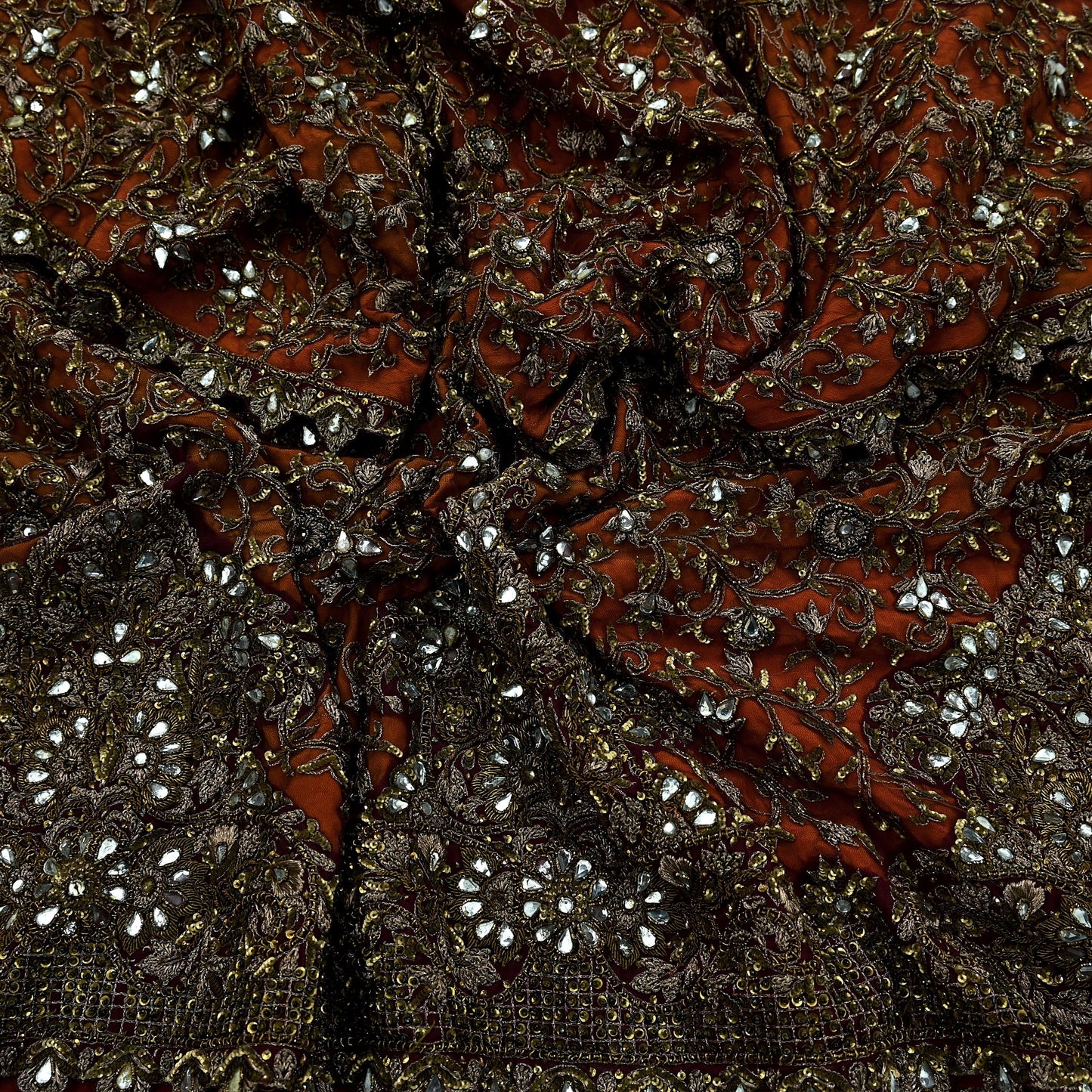 Indian Vintage Heavy Orange & maroon Dupatta Hand Embroidered Net Tissue Mesh Zardozi, Dabka, Zari, Sequins, Kundan Work Bridal Stole