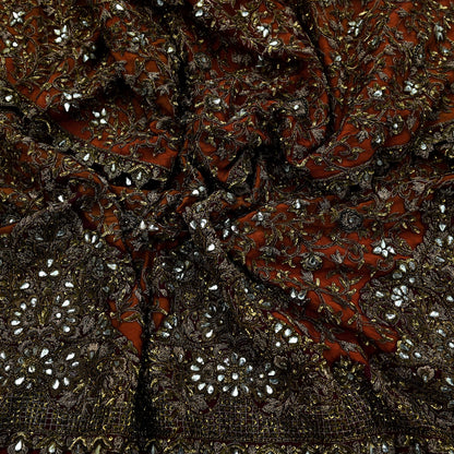 Indian Vintage Heavy Orange & maroon Dupatta Hand Embroidered Net Tissue Mesh Zardozi, Dabka, Zari, Sequins, Kundan Work Bridal Stole