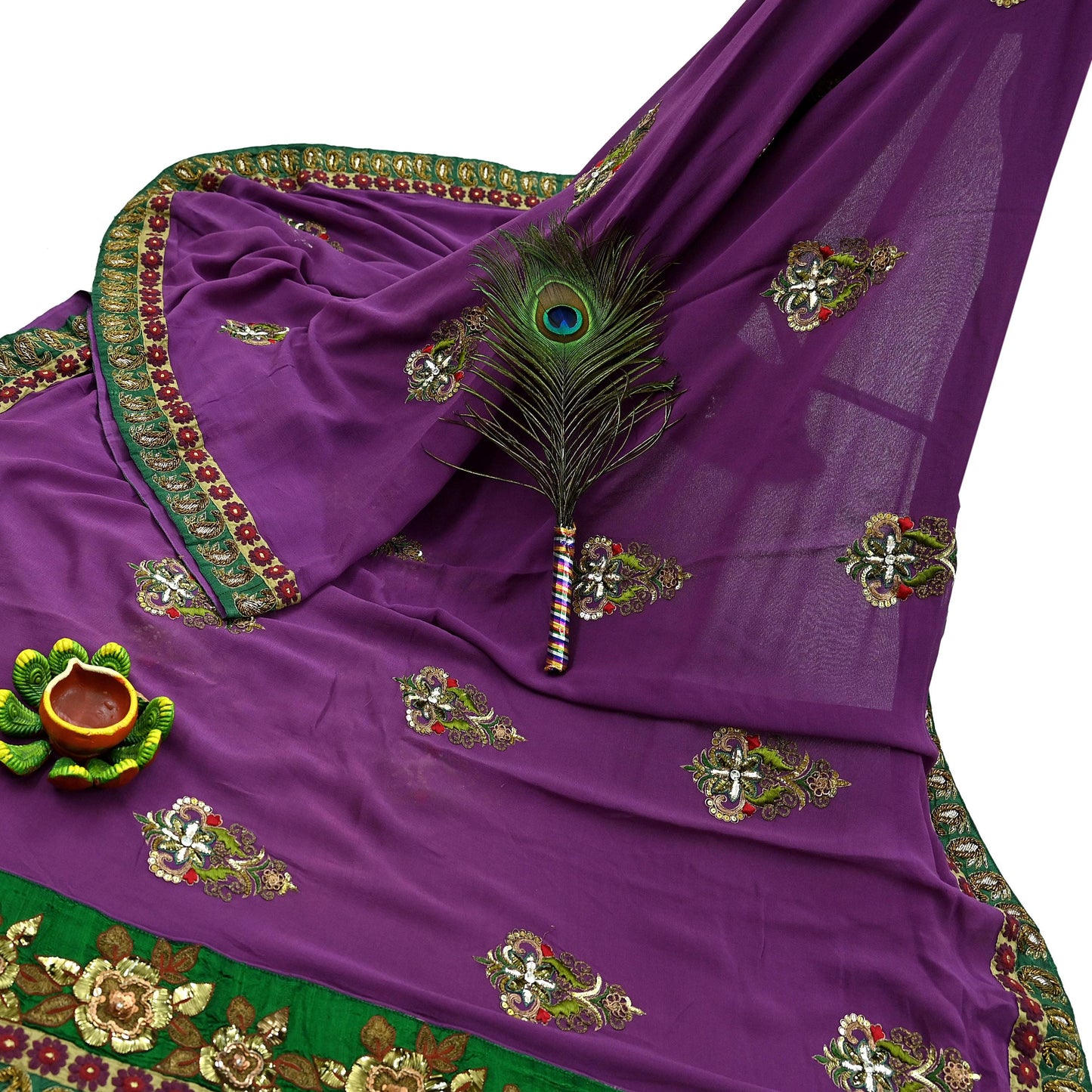 Indian Vintage Heavy Sari Purple Pure Georgette Silk Hand Embroidered Sarees Craft Fabric 5Yd Sewing Ethnic Bollywood saree Zardozi Mukesh
