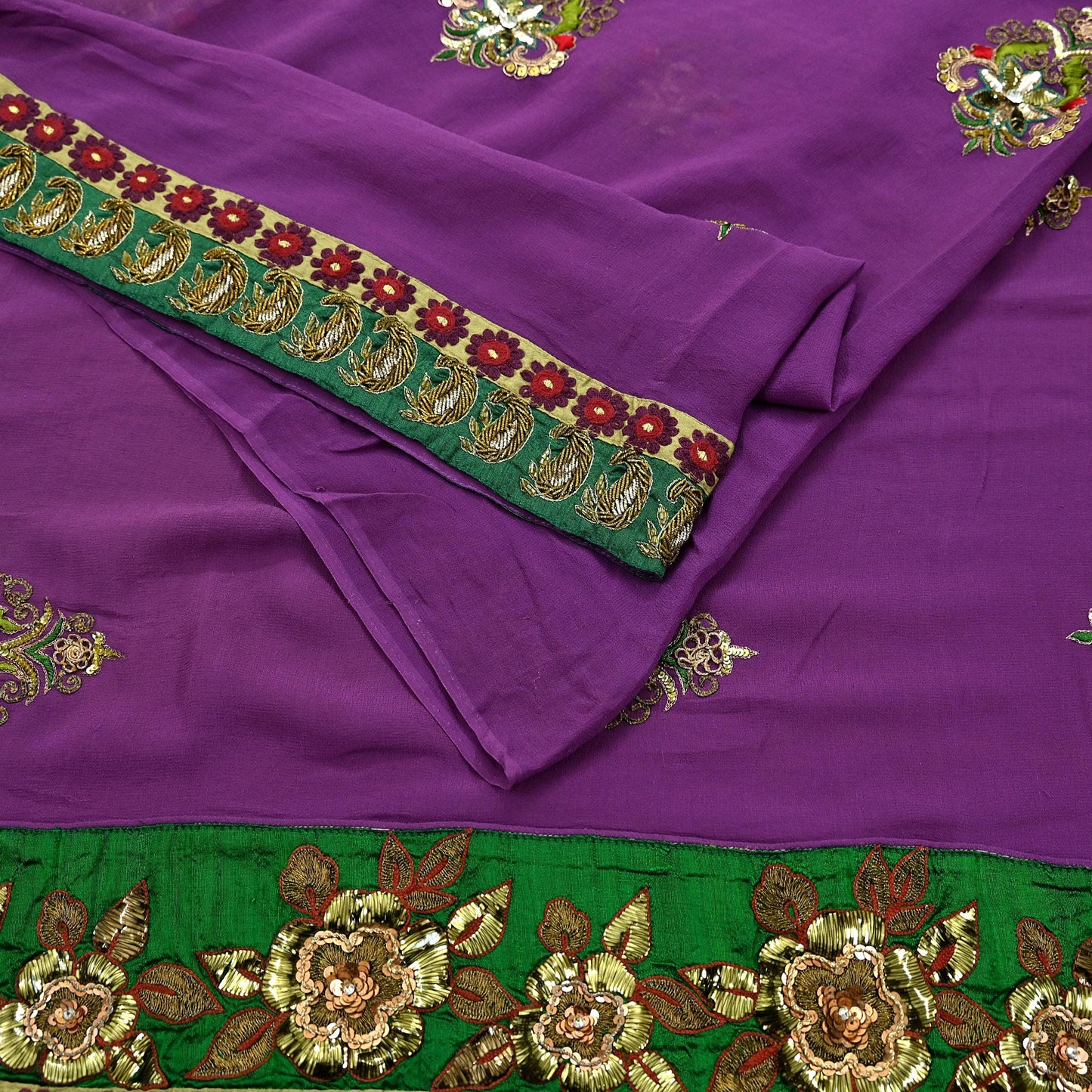 Indian Vintage Heavy Sari Purple Pure Georgette Silk Hand Embroidered Sarees Craft Fabric 5Yd Sewing Ethnic Bollywood saree Zardozi Mukesh