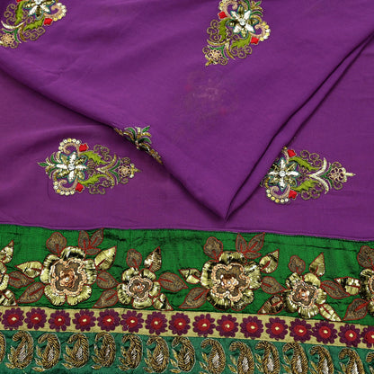 Indian Vintage Heavy Sari Purple Pure Georgette Silk Hand Embroidered Sarees Craft Fabric 5Yd Sewing Ethnic Bollywood saree Zardozi Mukesh
