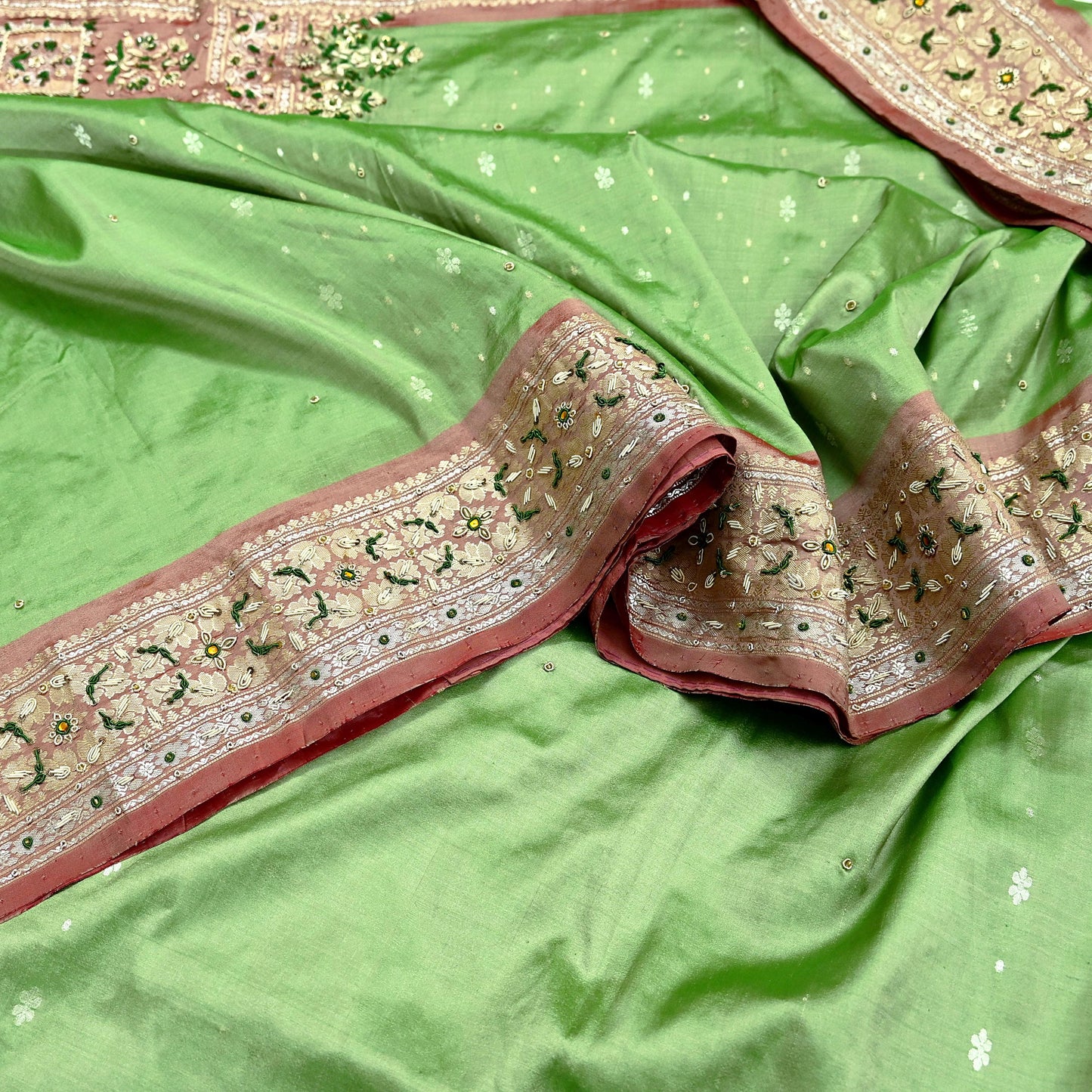 Indian Vintage Saree Heavy Hand Embroidered Pure Silk Green & Brown Bridal Fabric 5 Yards Dress Making Bollywood Sarees
