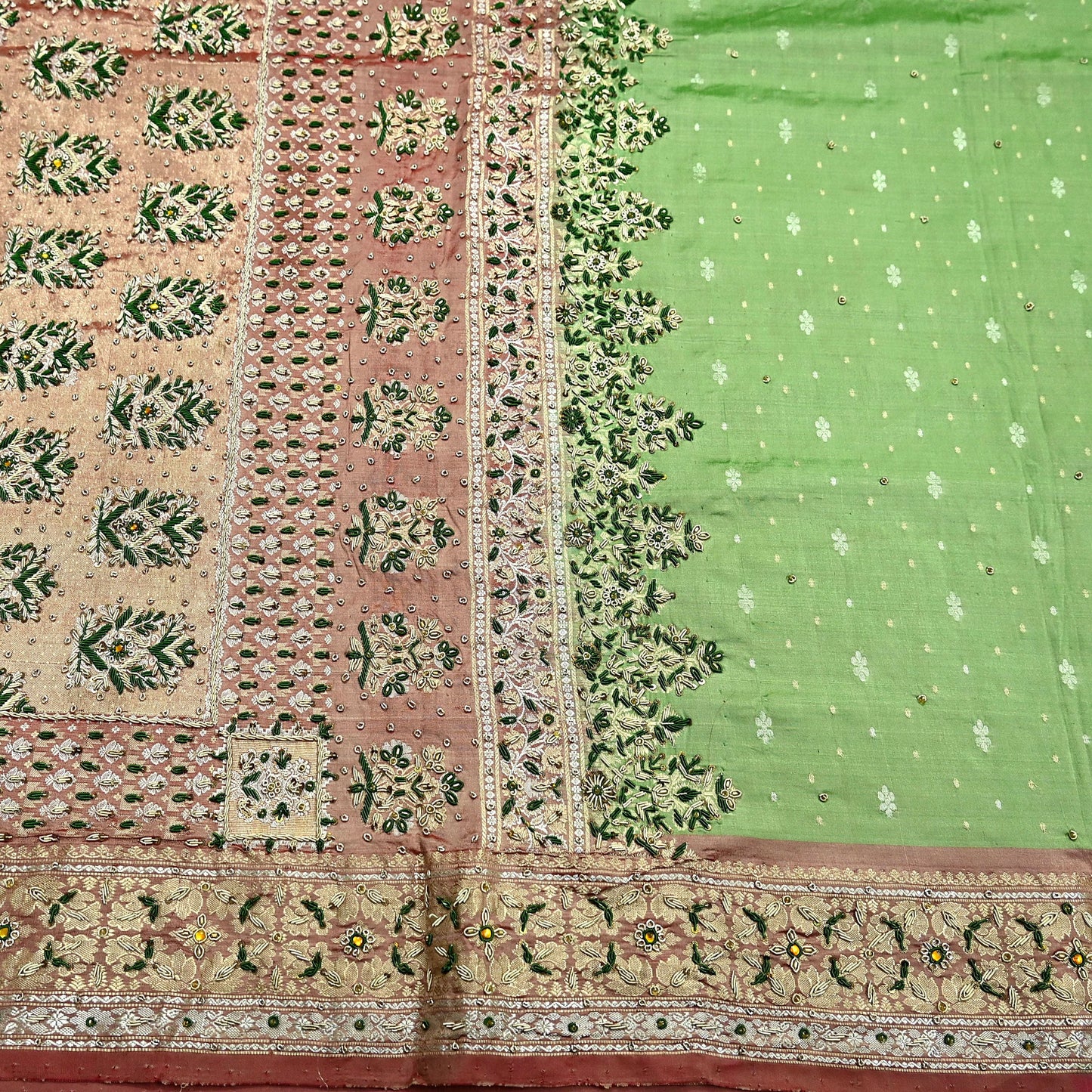 Indian Vintage Saree Heavy Hand Embroidered Pure Silk Green & Brown Bridal Fabric 5 Yards Dress Making Bollywood Sarees