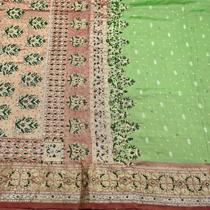 Indian Vintage Saree Heavy Hand Embroidered Pure Silk Green & Brown Bridal Fabric 5 Yards Dress Making Bollywood Sarees