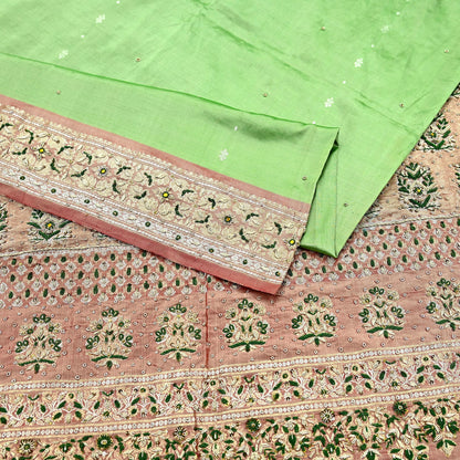 Indian Vintage Saree Heavy Hand Embroidered Pure Silk Green & Brown Bridal Fabric 5 Yards Dress Making Bollywood Sarees