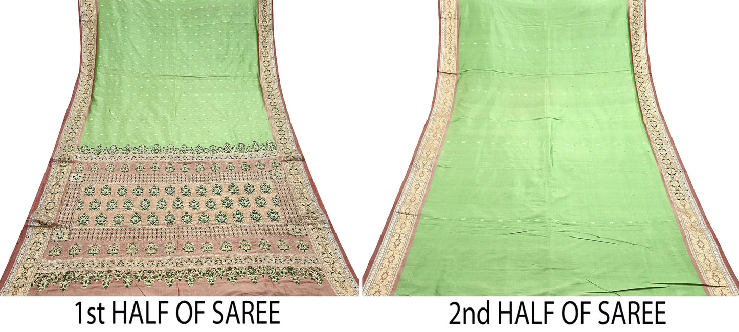 Indian Vintage Saree Heavy Hand Embroidered Pure Silk Green & Brown Bridal Fabric 5 Yards Dress Making Bollywood Sarees