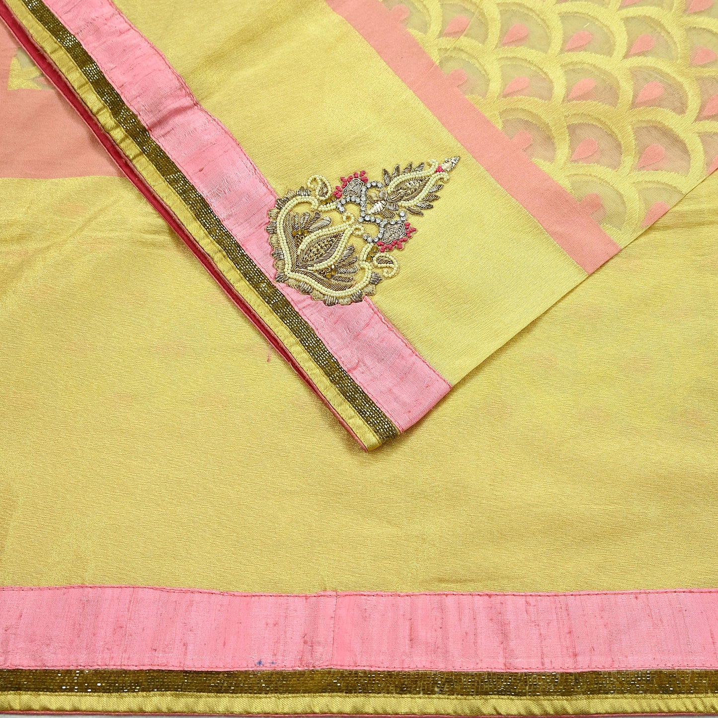 Indian Vintage Golden & Pink Sarees Hand Embroidered Woven Brocade Sari Fabric 6Yd Sewing Ethnic Zardozi Zari Floral Dress making