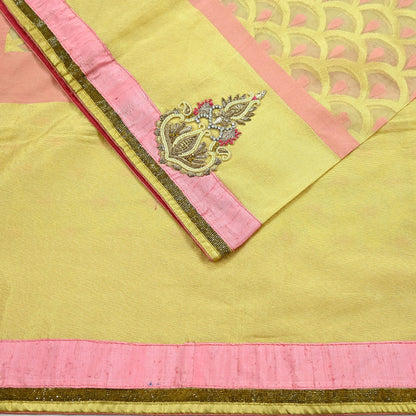Indian Vintage Golden & Pink Sarees Hand Embroidered Woven Brocade Sari Fabric 6Yd Sewing Ethnic Zardozi Zari Floral Dress making