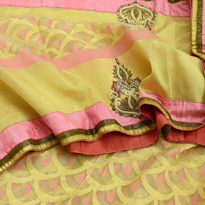 Indian Vintage Golden & Pink Sarees Hand Embroidered Woven Brocade Sari Fabric 6Yd Sewing Ethnic Zardozi Zari Floral Dress making