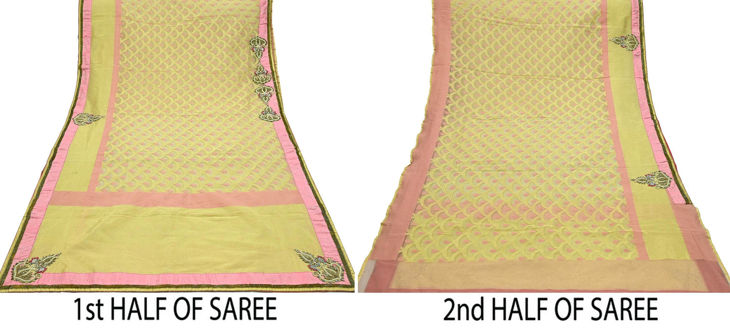 Indian Vintage Golden & Pink Sarees Hand Embroidered Woven Brocade Sari Fabric 6Yd Sewing Ethnic Zardozi Zari Floral Dress making