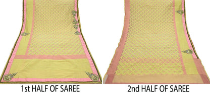 Indian Vintage Golden & Pink Sarees Hand Embroidered Woven Brocade Sari Fabric 6Yd Sewing Ethnic Zardozi Zari Floral Dress making