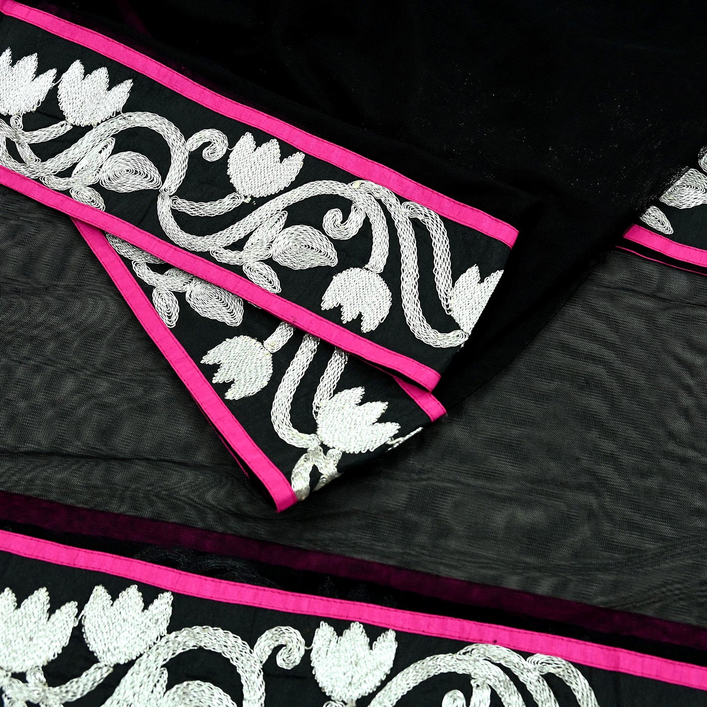 Indian Vintage Black Dupatta Net Mesh Long Stole Hand Embroidered Scarves Zari Border
