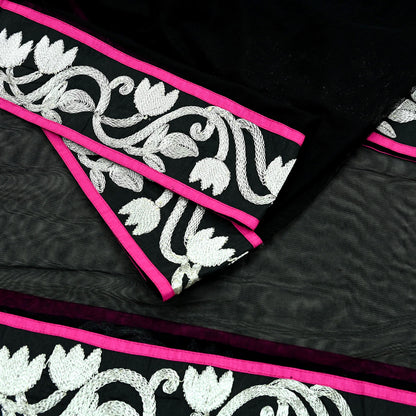 Indian Vintage Black Dupatta Net Mesh Long Stole Hand Embroidered Scarves Zari Border