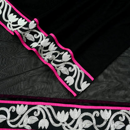 Indian Vintage Black Dupatta Net Mesh Long Stole Hand Embroidered Scarves Zari Border