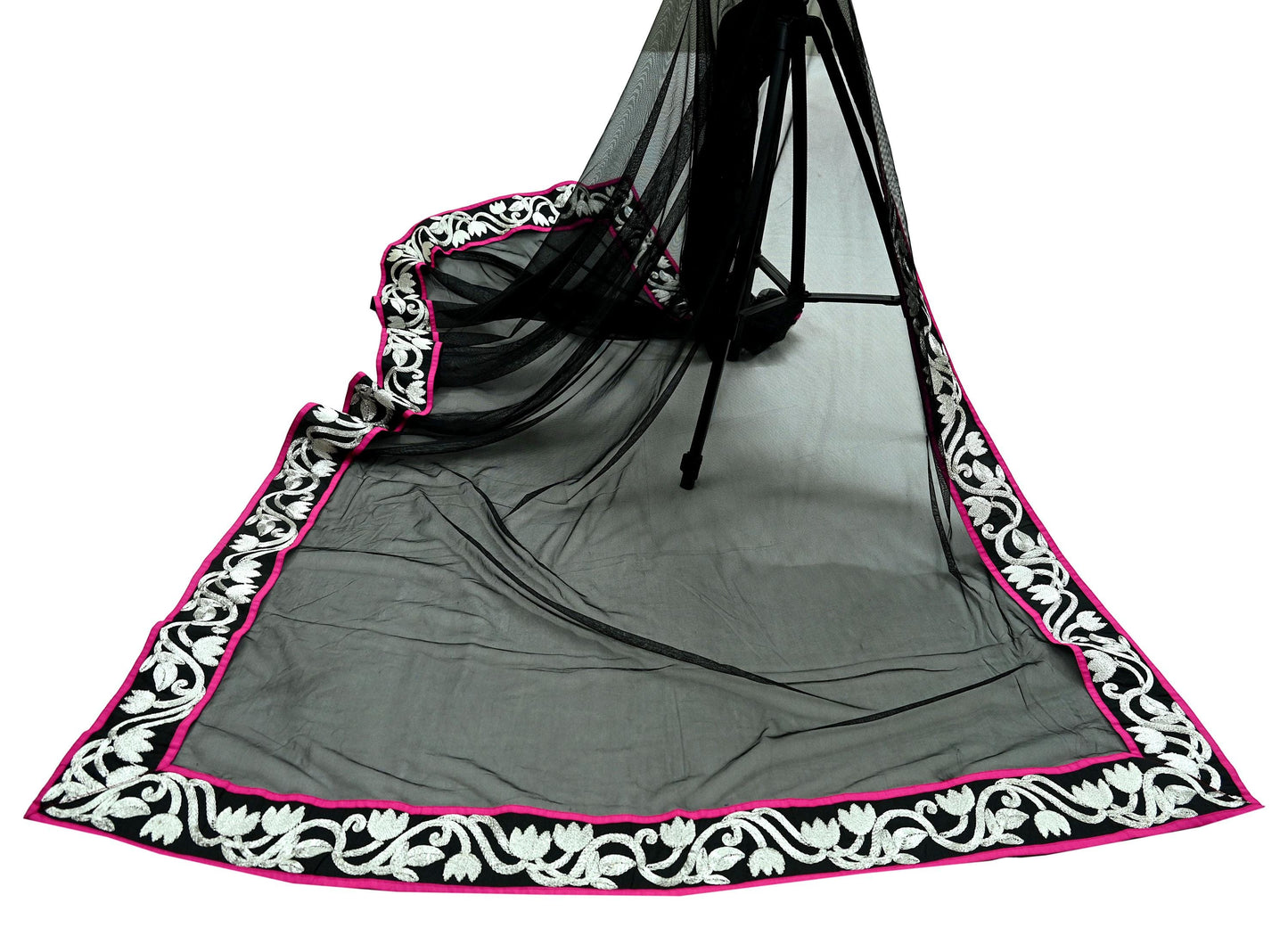 Indian Vintage Black Dupatta Net Mesh Long Stole Hand Embroidered Scarves Zari Border