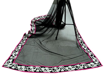 Indian Vintage Black Dupatta Net Mesh Long Stole Hand Embroidered Scarves Zari Border