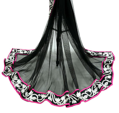 Indian Vintage Black Dupatta Net Mesh Long Stole Hand Embroidered Scarves Zari Border