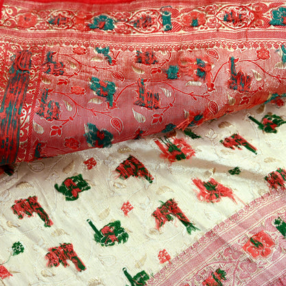 Indian Antique Vintage Heavy Wedding Sari Red & White Pure Satin Silk Hand Woven Banarasi Sarees Zari 5Yd Floral Pre-owned Designing