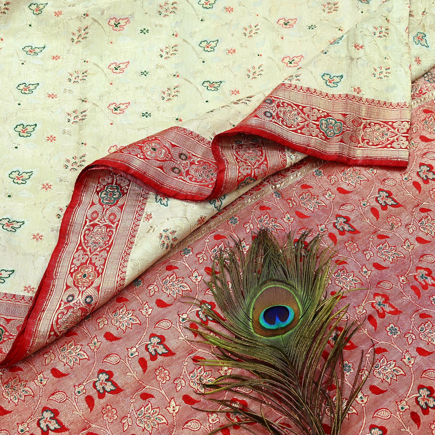 Indian Antique Vintage Heavy Wedding Sari Red & White Pure Satin Silk Hand Woven Banarasi Sarees Zari 5Yd Floral Pre-owned Designing