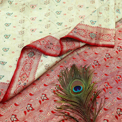 Indian Antique Vintage Heavy Wedding Sari Red & White Pure Satin Silk Hand Woven Banarasi Sarees Zari 5Yd Floral Pre-owned Designing