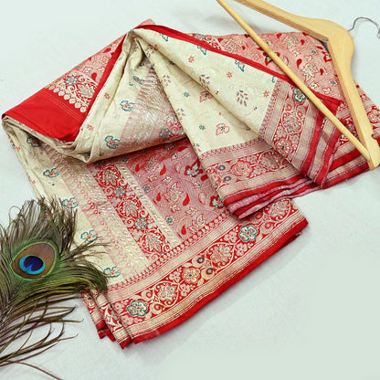 Indian Antique Vintage Heavy Wedding Sari Red & White Pure Satin Silk Hand Woven Banarasi Sarees Zari 5Yd Floral Pre-owned Designing