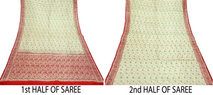 Indian Antique Vintage Heavy Wedding Sari Red & White Pure Satin Silk Hand Woven Banarasi Sarees Zari 5Yd Floral Pre-owned Designing