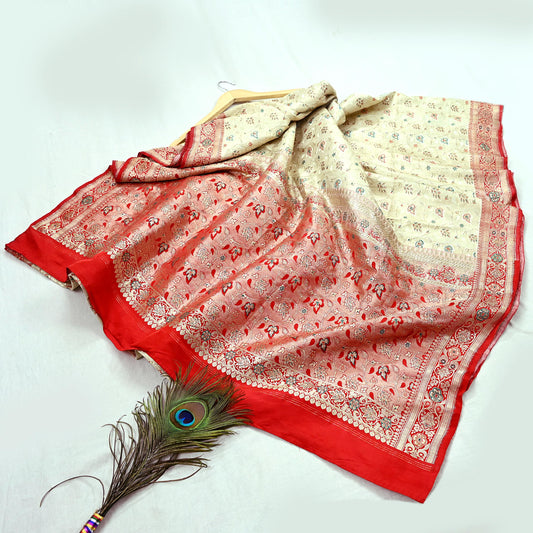 Indian Antique Vintage Heavy Wedding Sari Red & White Pure Satin Silk Hand Woven Banarasi Sarees Zari 5Yd Floral Pre-owned Designing