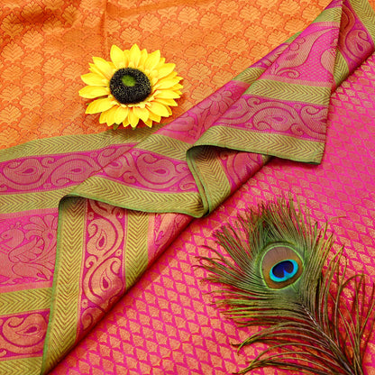 Indian Vintage Heavy Rani Pink Hand woven Kanjivaram Saree 100% Pure Silk Sari Metallic Golden Zari 5Yd Floral Crafting Dress making Fringes
