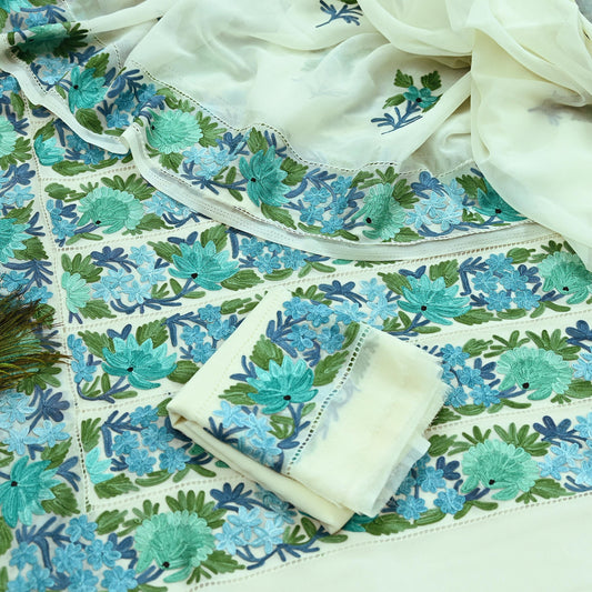 Indian Vintage Sari White Georgette Hand Embroidered Ari Work Sarees Fabric 5Yd Sewing Soft Dress making For Crafting Bollywood Saree