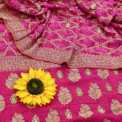 Indian Pre-Owned Sari Magenta Pure Georgette silk Hand Embroidered Bandhani Gharchola Sarees Ethnic Zardozi/Dabka Zari Wedding Saree