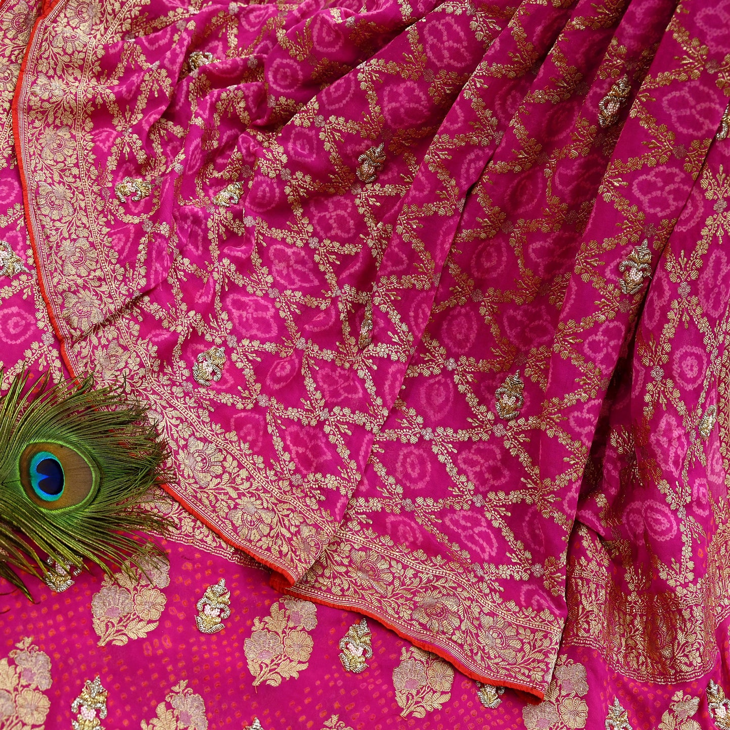 Indian Pre-Owned Sari Magenta Pure Georgette silk Hand Embroidered Bandhani Gharchola Sarees Ethnic Zardozi/Dabka Zari Wedding Saree