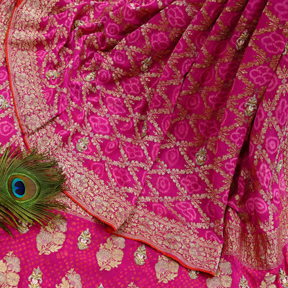 Indian Pre-Owned Sari Magenta Pure Georgette silk Hand Embroidered Bandhani Gharchola Sarees Ethnic Zardozi/Dabka Zari Wedding Saree