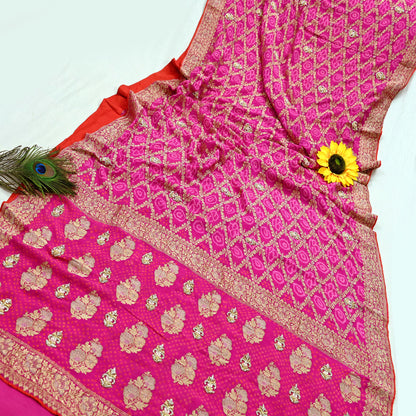 Indian Pre-Owned Sari Magenta Pure Georgette silk Hand Embroidered Bandhani Gharchola Sarees Ethnic Zardozi/Dabka Zari Wedding Saree