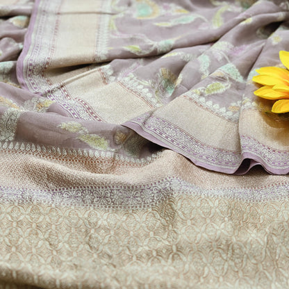 Vintage Heavy Purple Sarees Pure Georgette Silk Hand Woven Sari Craft Fabric 5Yd Sewing Soft Ethnic Zari Dress Making Wedding Sari