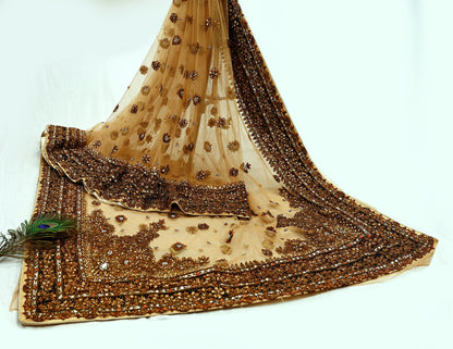 Indian Pre-owned Sari Beige Net/Mesh Hand Embroidered Anamika Khanna Designer Sarees Ethnic 5Yd Sewing  Zardozi/Dabka Zari Wedding Sarees