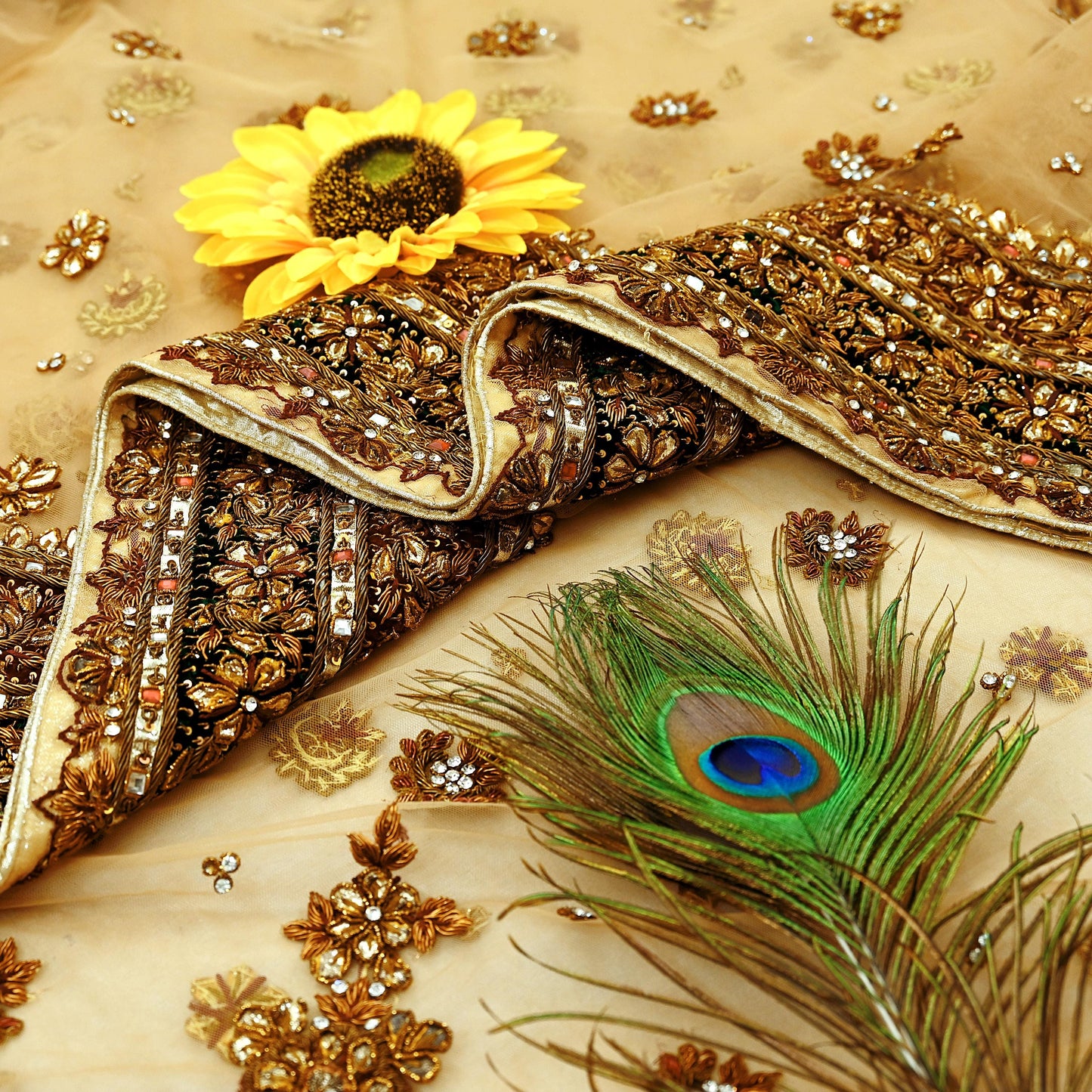 Indian Pre-owned Sari Beige Net/Mesh Hand Embroidered Anamika Khanna Designer Sarees Ethnic 5Yd Sewing  Zardozi/Dabka Zari Wedding Sarees