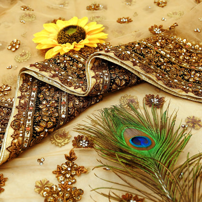 Indian Pre-owned Sari Beige Net/Mesh Hand Embroidered Anamika Khanna Designer Sarees Ethnic 5Yd Sewing  Zardozi/Dabka Zari Wedding Sarees