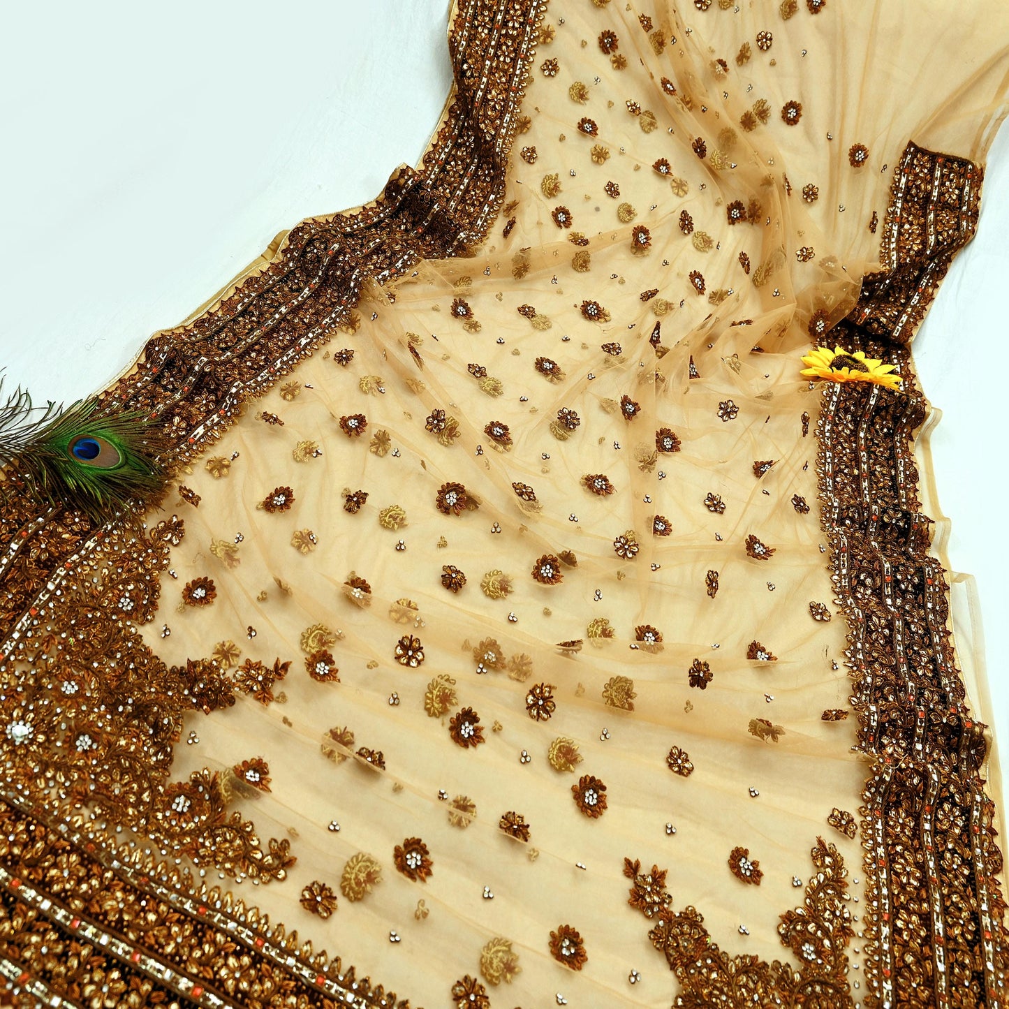 Indian Pre-owned Sari Beige Net/Mesh Hand Embroidered Anamika Khanna Designer Sarees Ethnic 5Yd Sewing  Zardozi/Dabka Zari Wedding Sarees