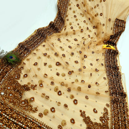 Indian Pre-owned Sari Beige Net/Mesh Hand Embroidered Anamika Khanna Designer Sarees Ethnic 5Yd Sewing  Zardozi/Dabka Zari Wedding Sarees