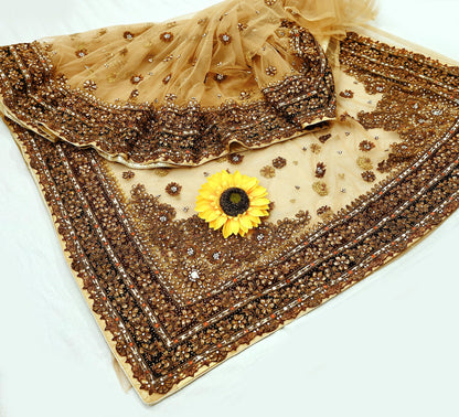 Indian Pre-owned Sari Beige Net/Mesh Hand Embroidered Anamika Khanna Designer Sarees Ethnic 5Yd Sewing  Zardozi/Dabka Zari Wedding Sarees