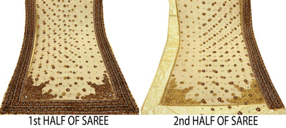 Indian Pre-owned Sari Beige Net/Mesh Hand Embroidered Anamika Khanna Designer Sarees Ethnic 5Yd Sewing  Zardozi/Dabka Zari Wedding Sarees