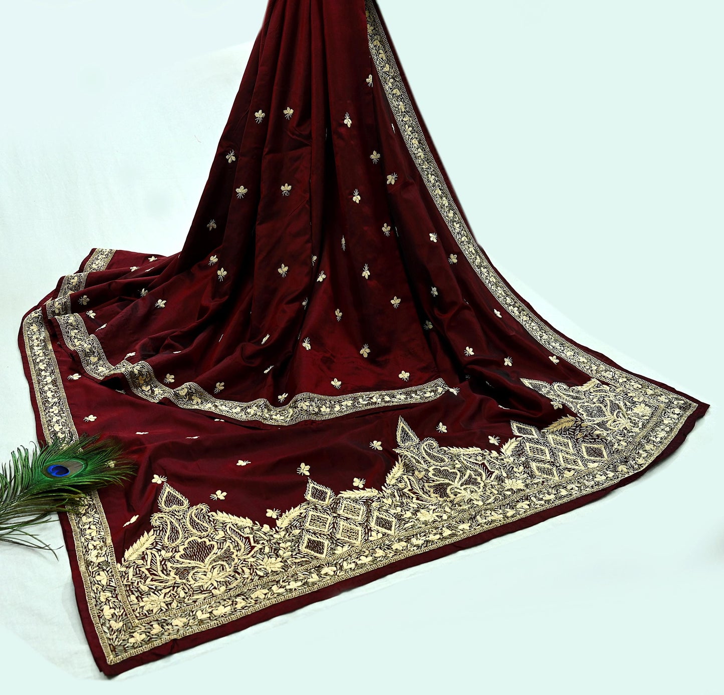 Indian Vintage Heavy Sarees Maroon Pure Silk Hand Embroidered Sari Fabric 5Yd Sewing Ethnic Zardozi/dabka zari Wedding sarees